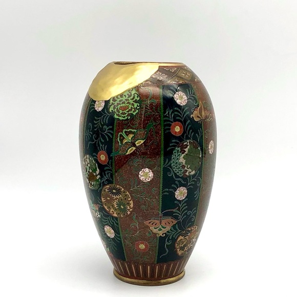 Kintsugi Antique Japanese Cloisonné Vase Meiji Era Goldstone Butterfly Floral - Picture 10 of 17